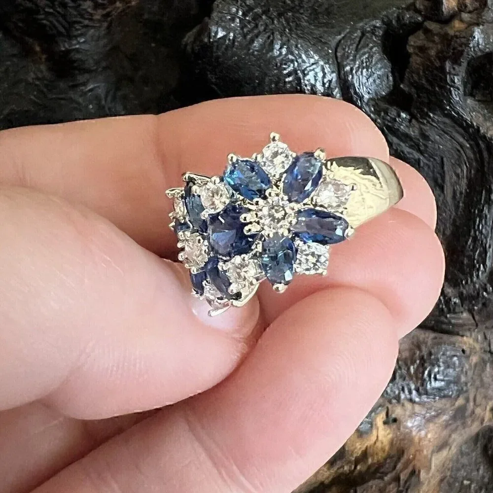 Large Statement Floral Cluster Ring Size 6 Blue Clear Silver Tone Prong Set
